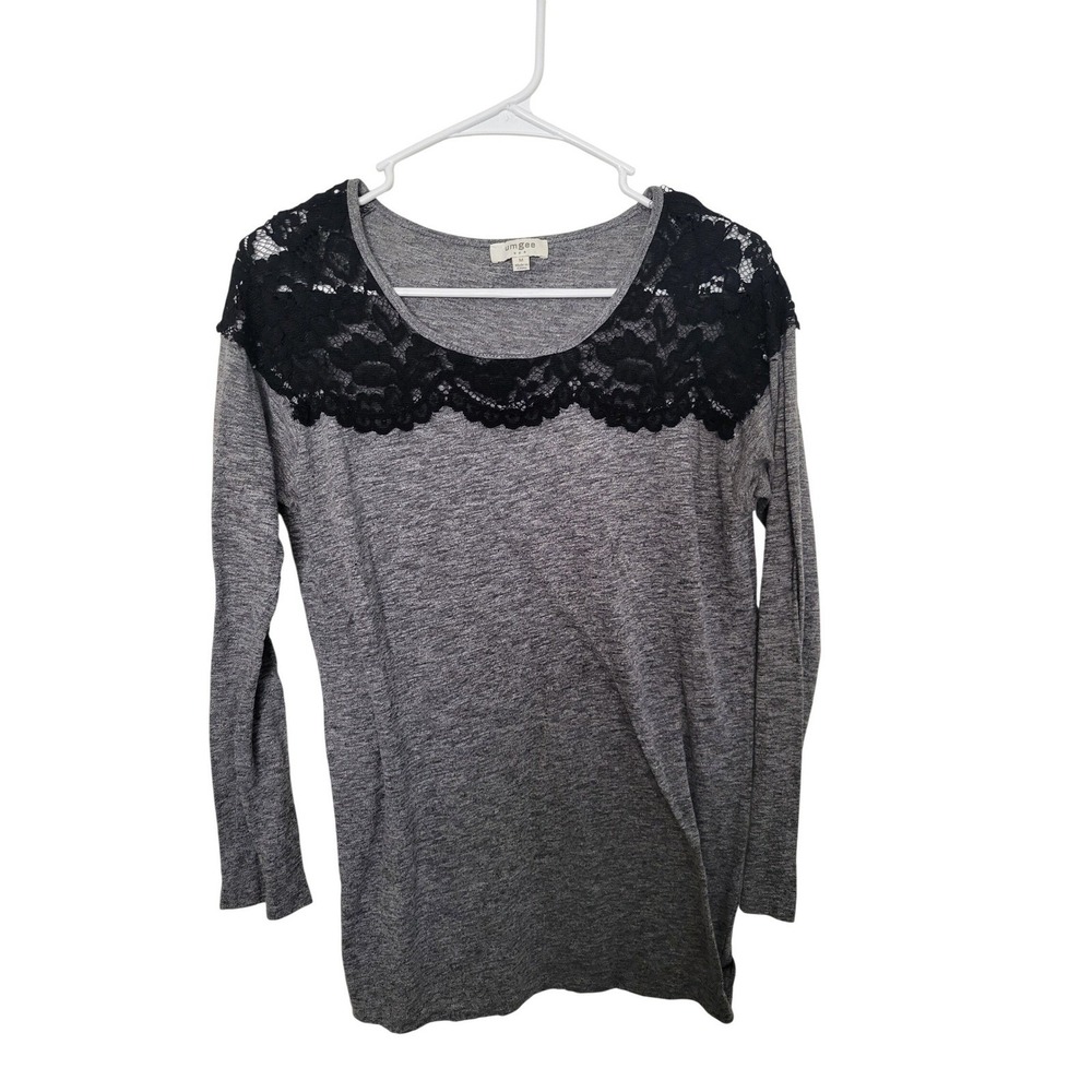 Umgee Lace Yoke Top Womens Medium Gray Black Long Sleeve Mixed Media C7304